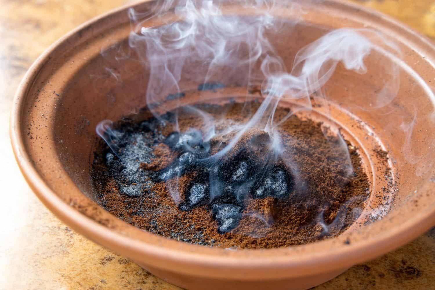 borra de café sendo queimada para afastar mosquitos