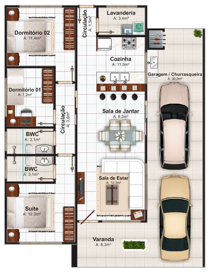 plantas-de-casas-com-3-quartos