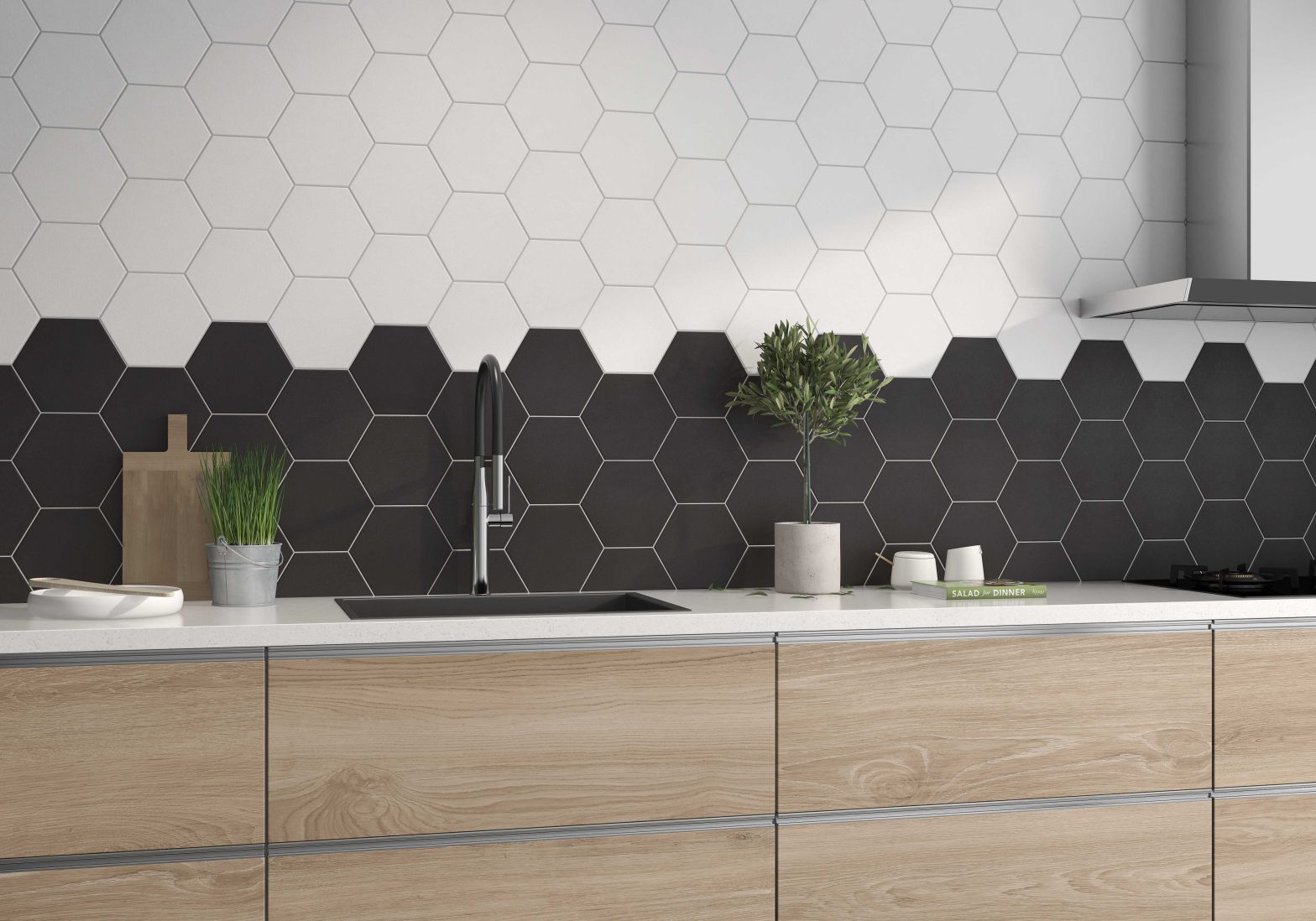 backsplash preto e branco em forma hexagonal