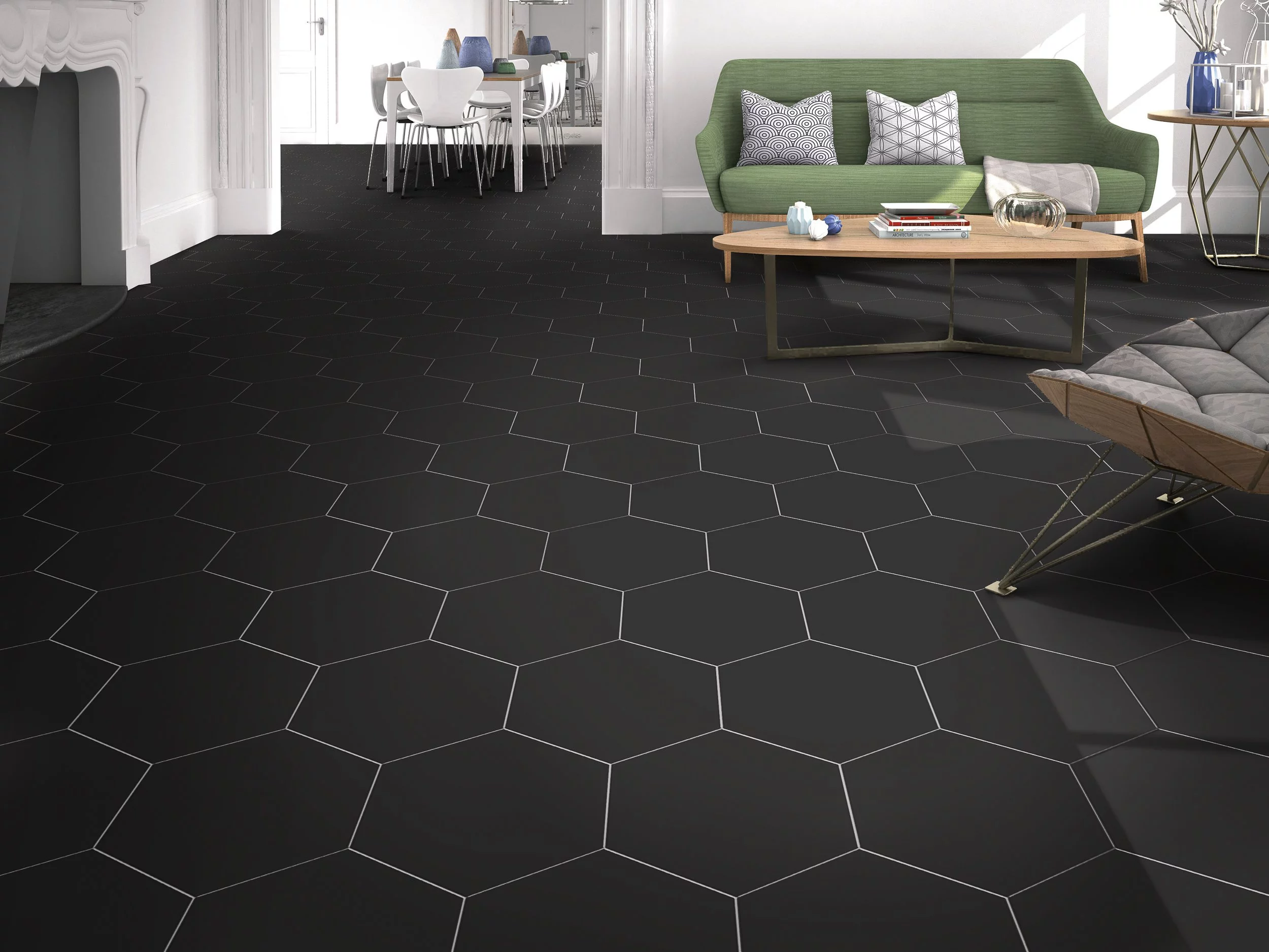 porcelanato preto hexagonal em casa