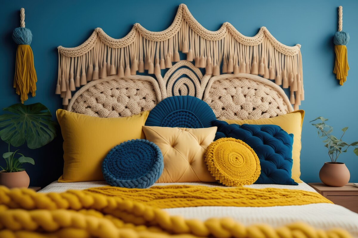 quarto com estilo étnico em tons de azul e amarelo