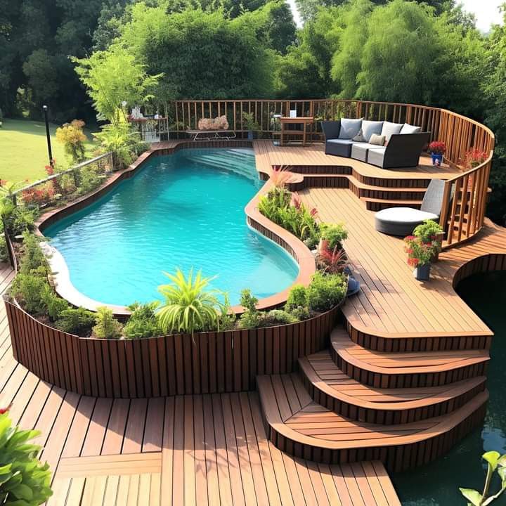 piscina com deck e escada em destaque